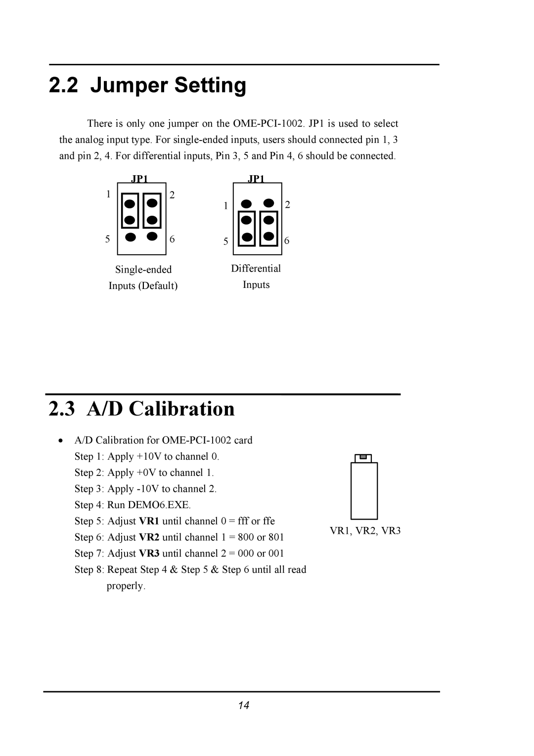 Omega 1002 manual Jumper Setting, A/D Calibration 