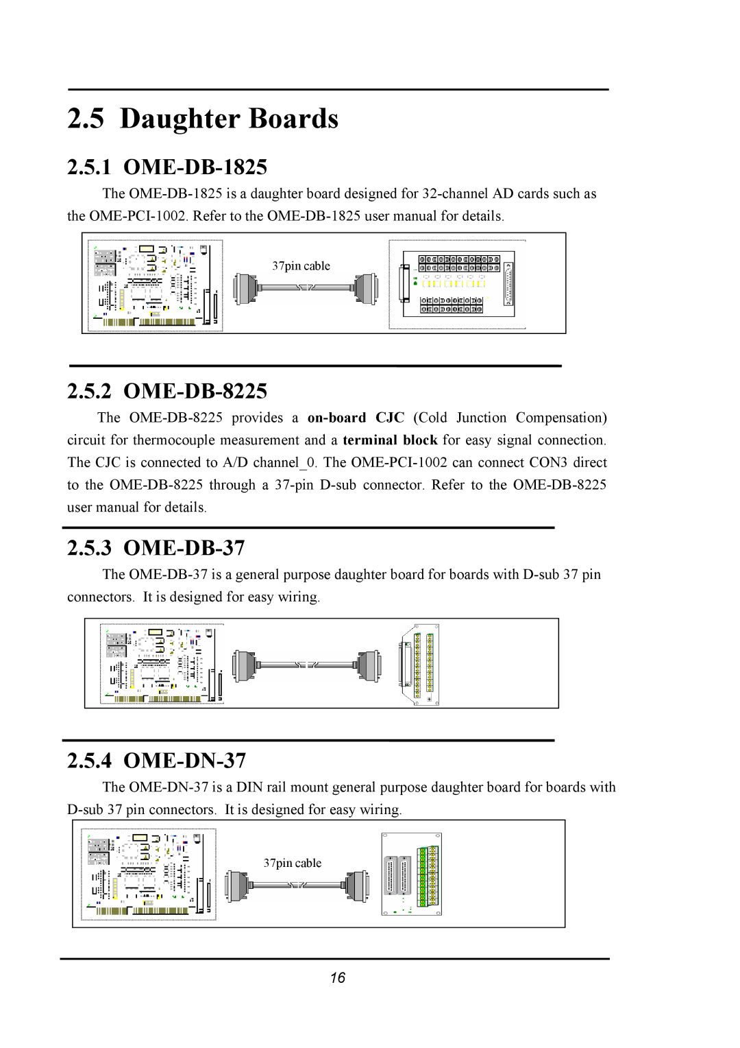 Omega 1002 manual Daughter Boards, OME-DB-8225 OME-DB-37 