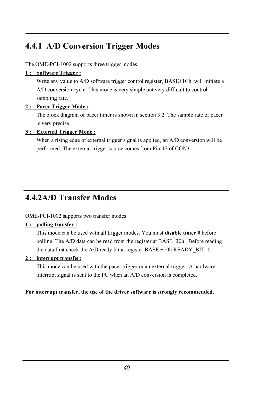 Omega 1002 manual 1 A/D Conversion Trigger Modes 