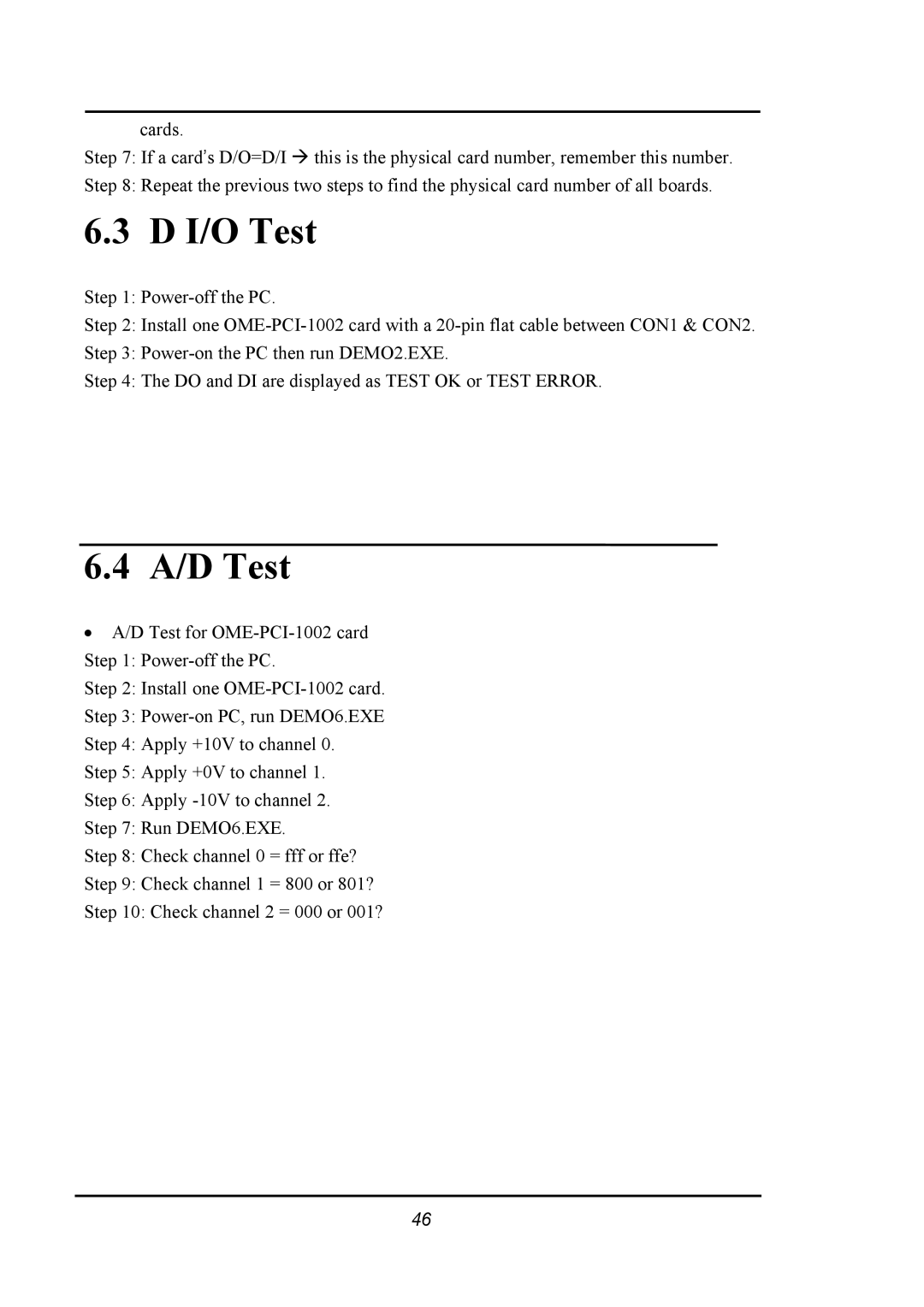 Omega 1002 manual D I/O Test, A/D Test 