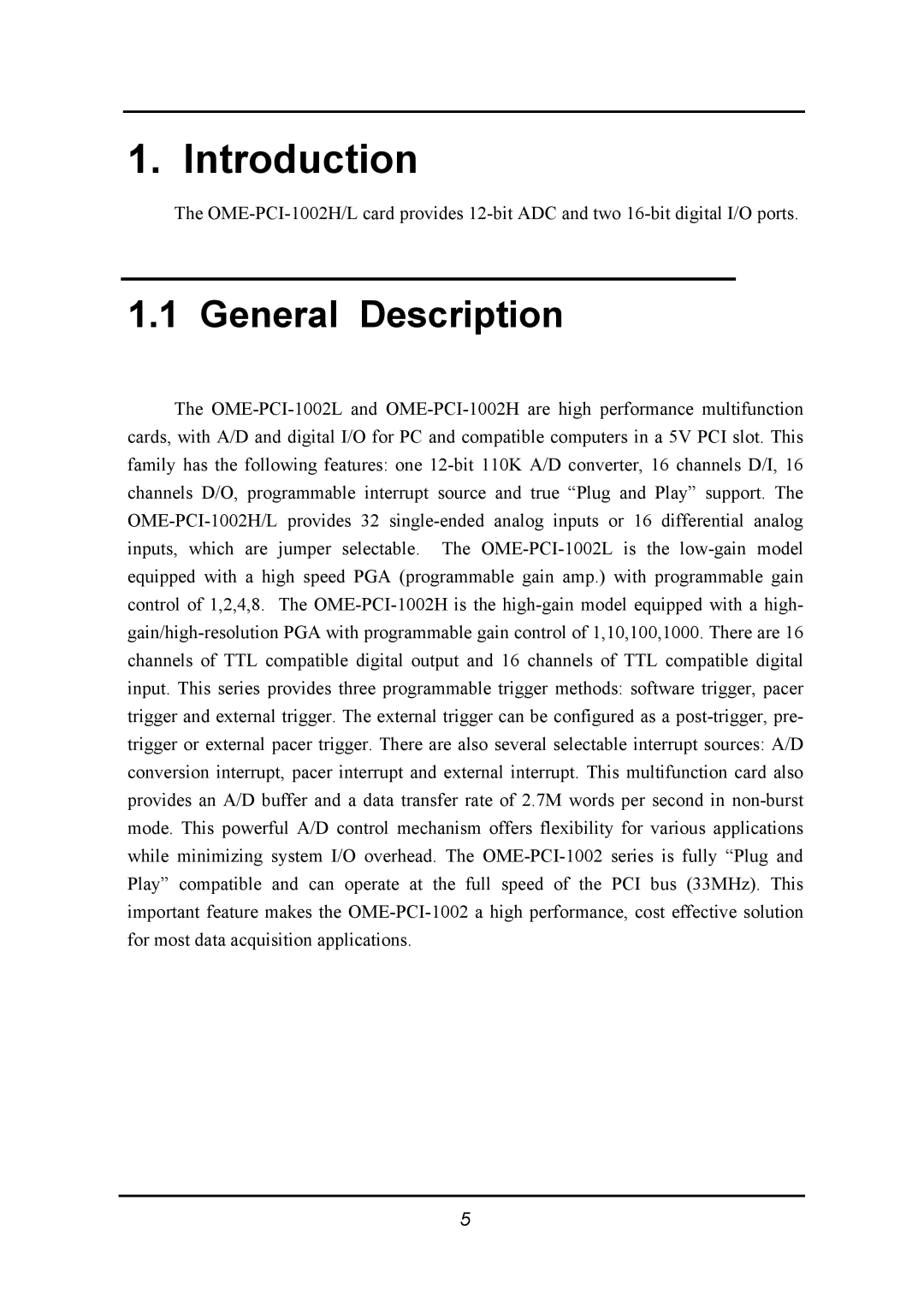 Omega 1002 manual Introduction, General Description 