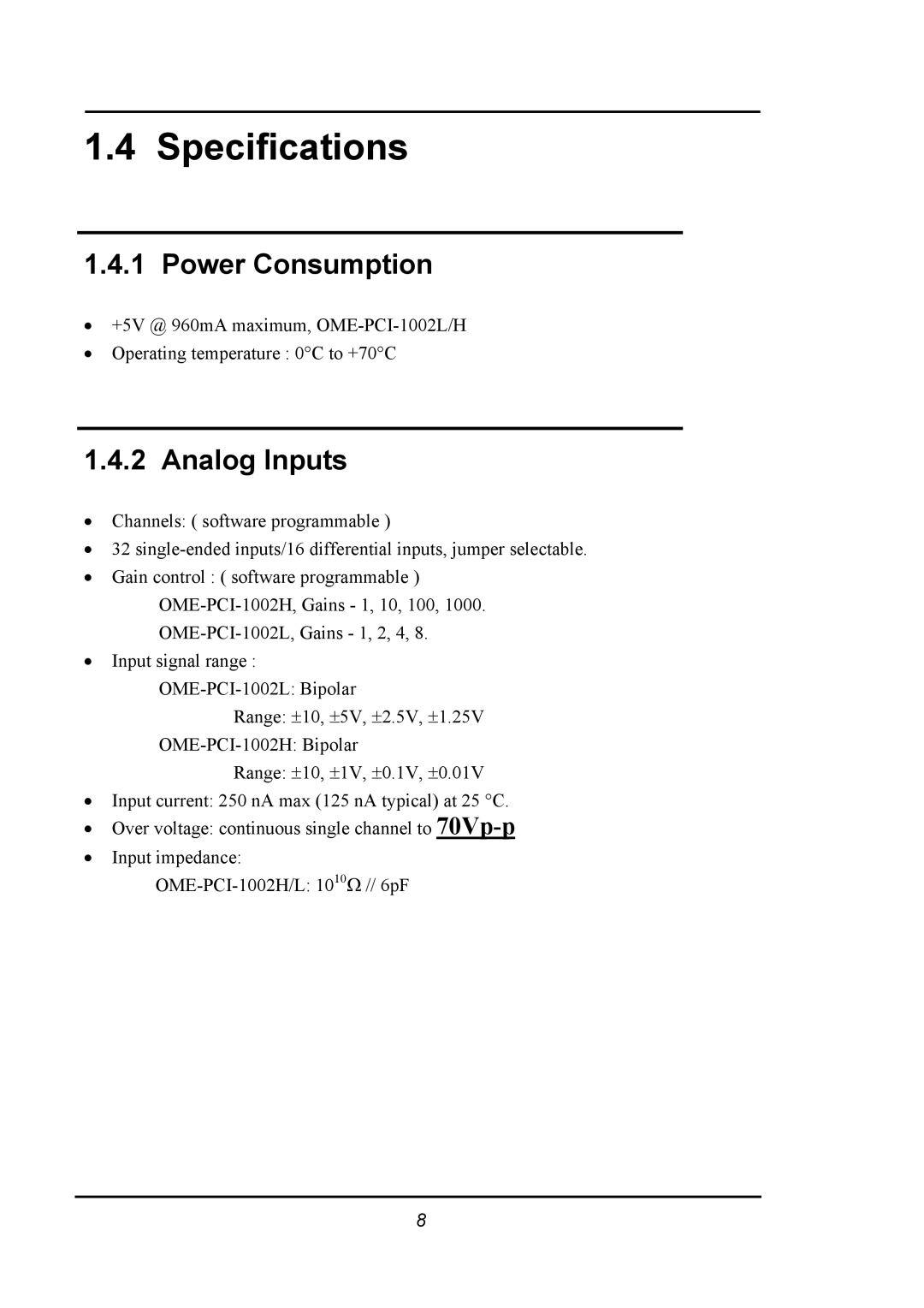 Omega 1002 manual Specifications, Power Consumption, Analog Inputs 