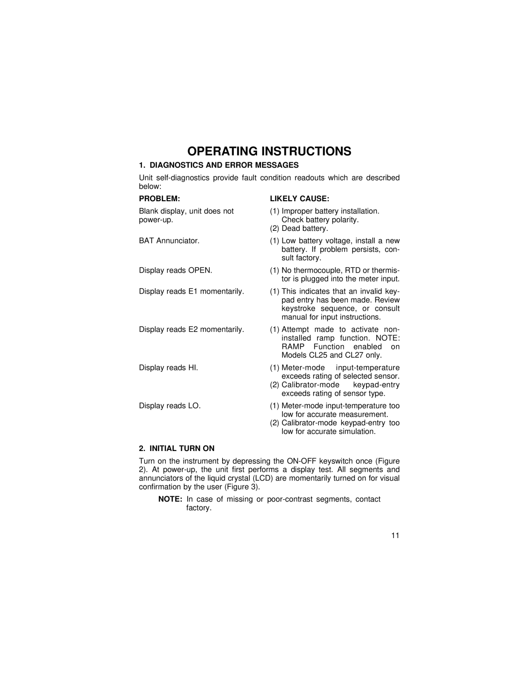 Omega 25, 27, 26, 24 manual Operating Instructions, Diagnostics and Error Messages, Problem Likely Cause, Initial Turn on 