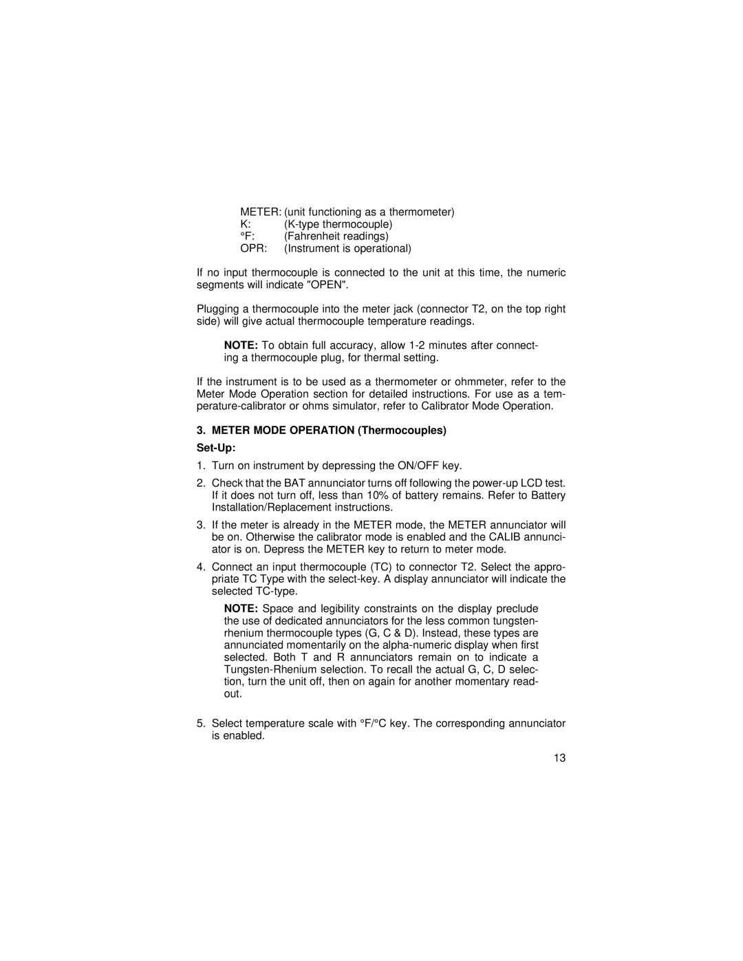 Omega 24, 27, 25, 26 manual Opr, Meter Mode Operation Thermocouples Set-Up 