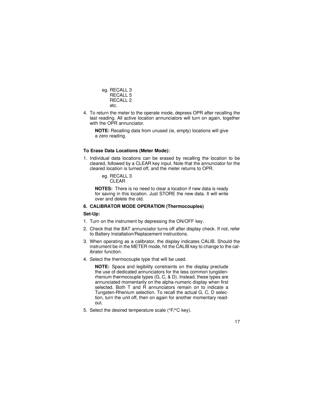 Omega 24, 27, 25, 26 manual To Erase Data Locations Meter Mode, Calibrator Mode Operation Thermocouples Set-Up 