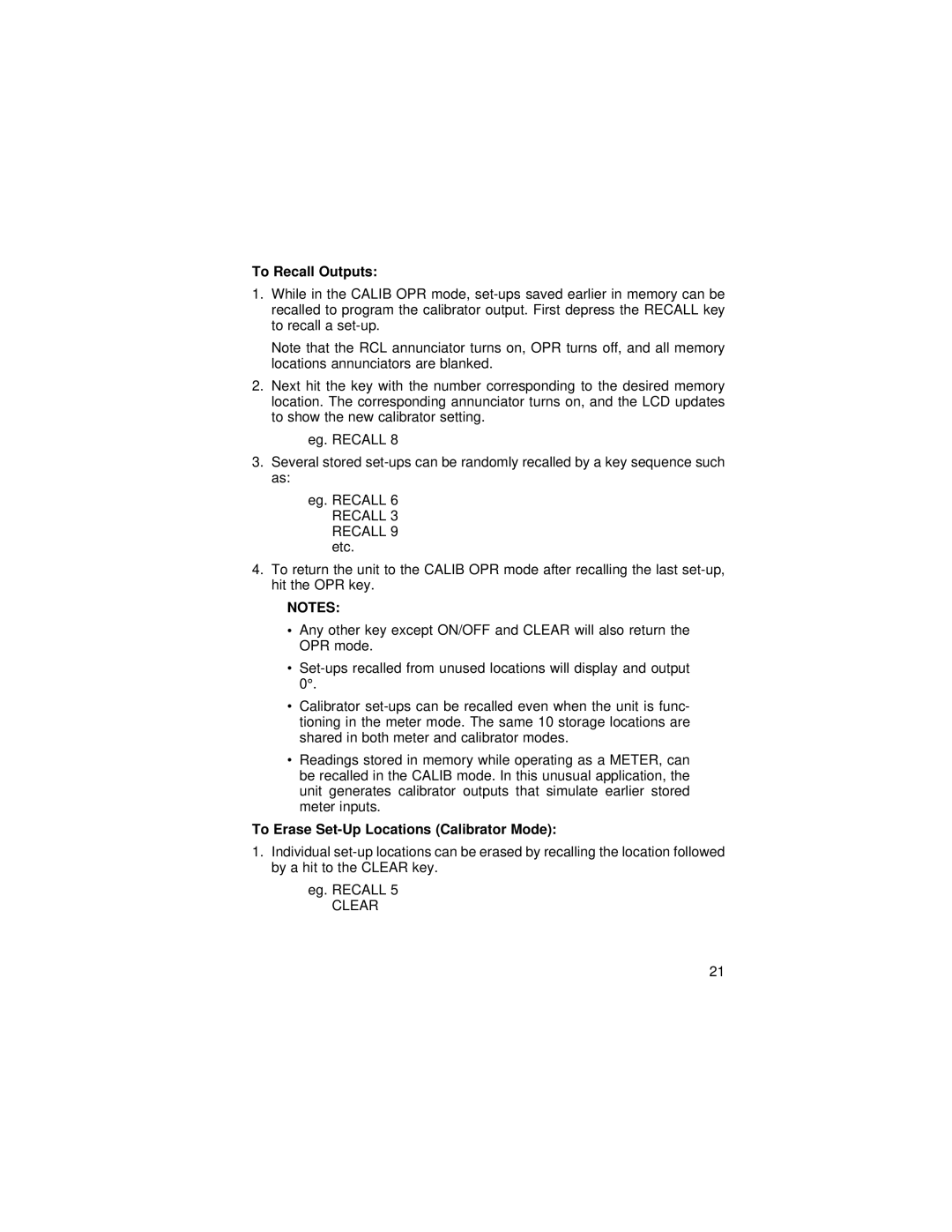 Omega 24, 27, 25, 26 manual To Recall Outputs, To Erase Set-Up Locations Calibrator Mode 