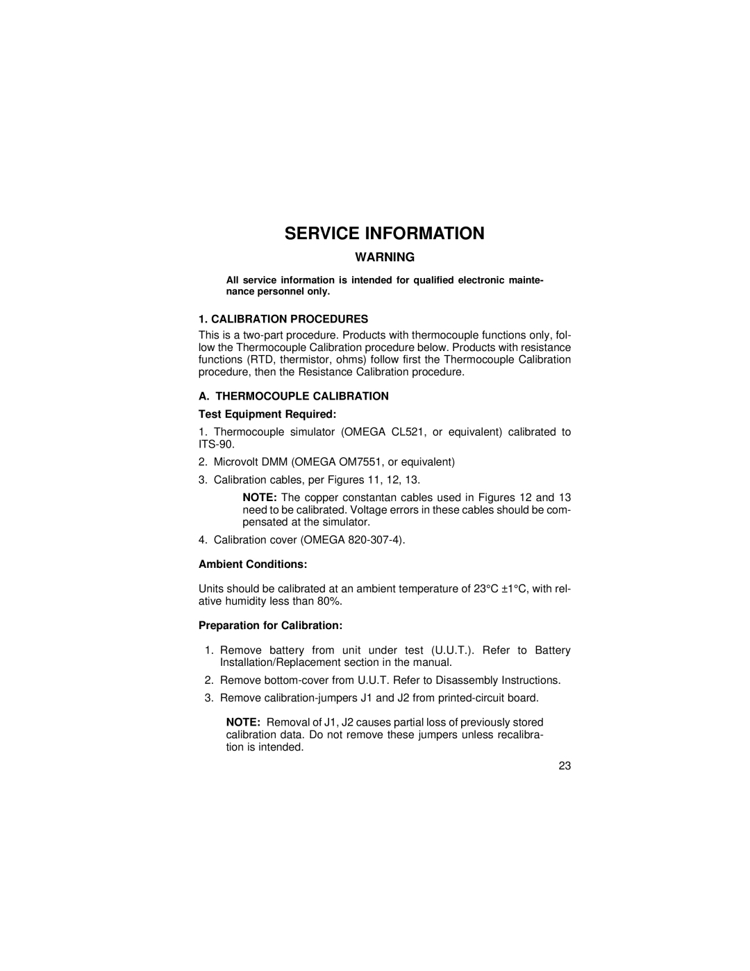 Omega 25 Service Information, Calibration Procedures, Thermocouple Calibration Test Equipment Required, Ambient Conditions 