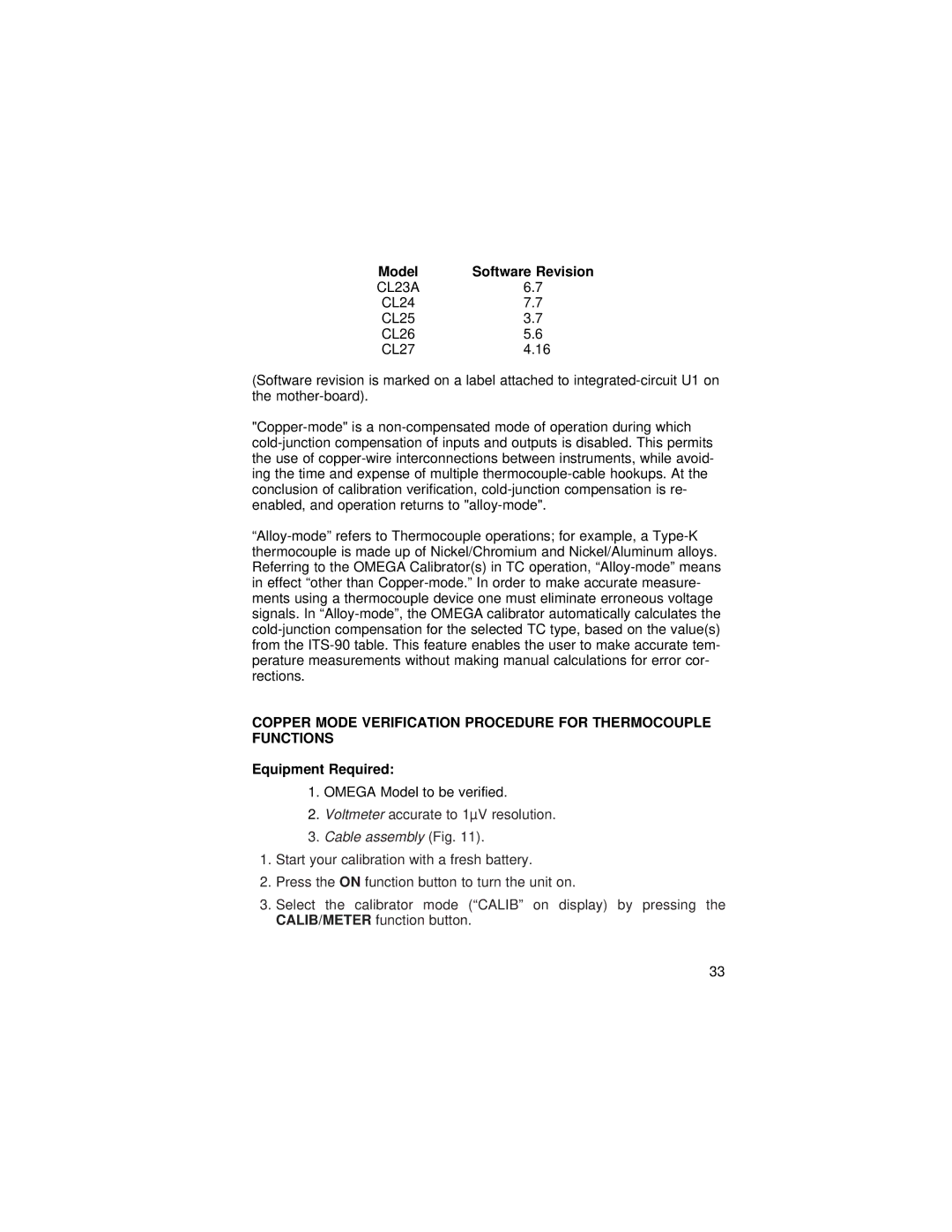 Omega 24, 27, 25, 26 manual Model Software Revision, Equipment Required 