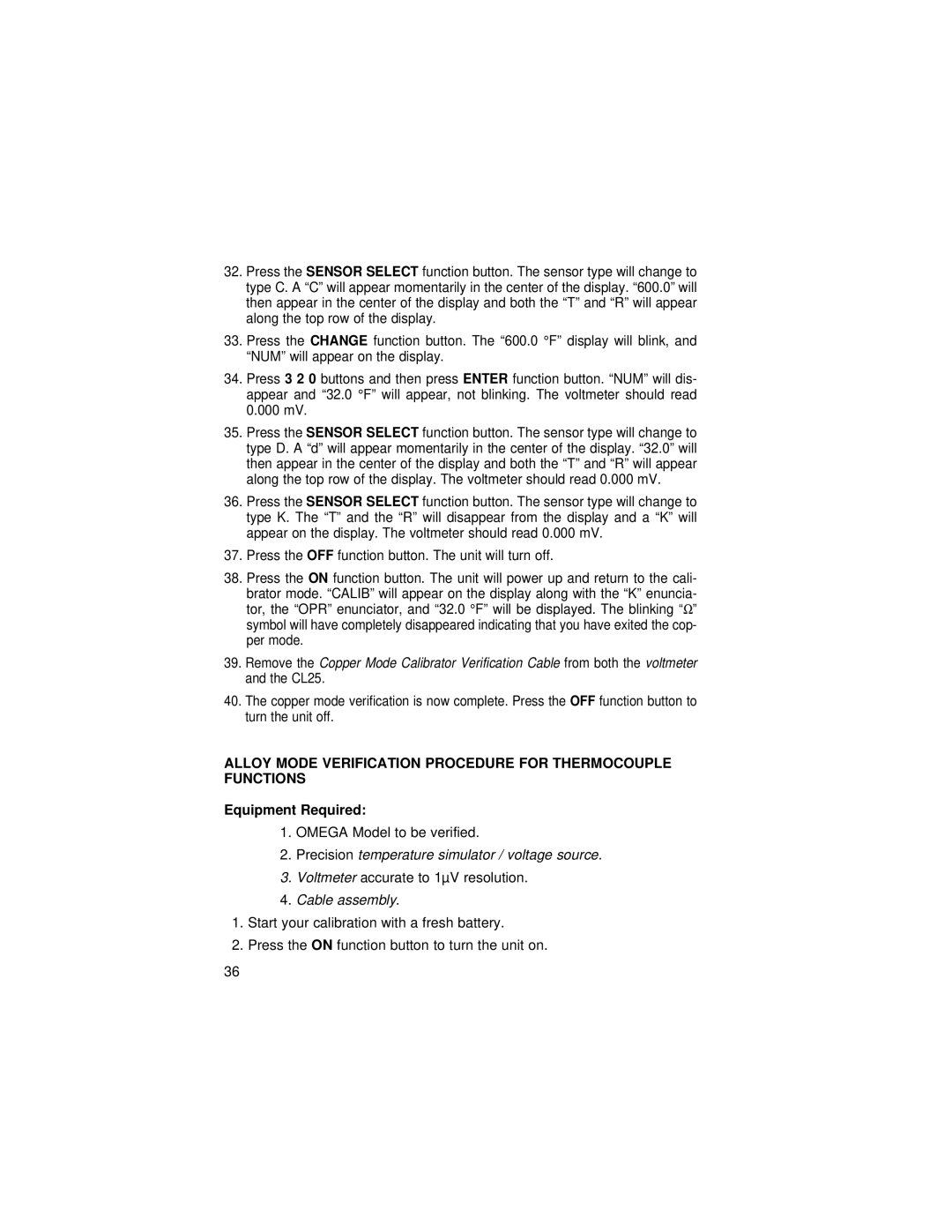 Omega 26, 27, 25, 24 manual Alloy Mode Verification Procedure for Thermocouple Functions 