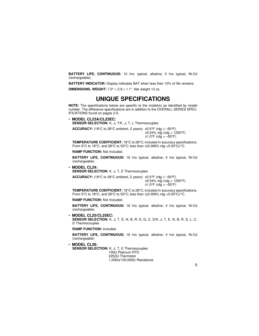 Omega 27 manual Unique Specifications, Model CL23A/CL23EC, Model CL24, Model CL25/CL25EC, Model CL26 