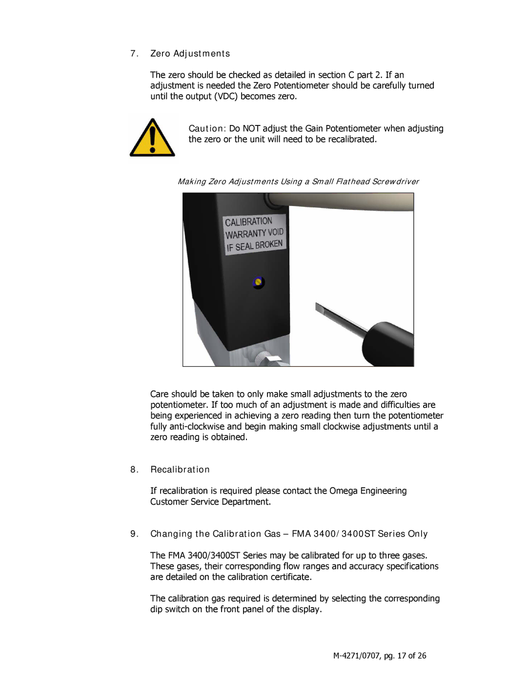 Omega 3200ST manual Zero Adjustments, Recalibration, Changing the Calibration Gas FMA 3400/3400ST Series Only 