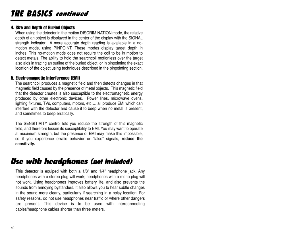 Omega 8000 Basics, Use with headphones not included, Size and Depth of Buried Objects, Electromagnetic Interference EMI 