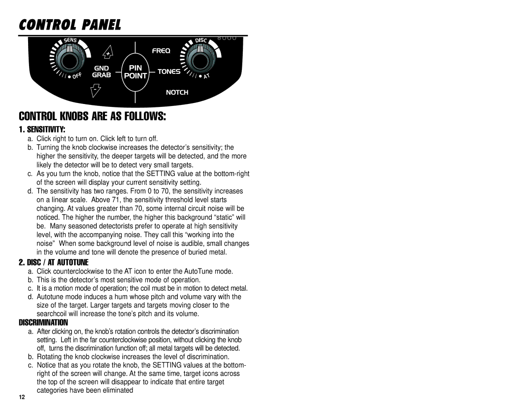 Omega 8000 owner manual Control Panel, Sensitivity, Disc / AT Autotune, Discrimination 