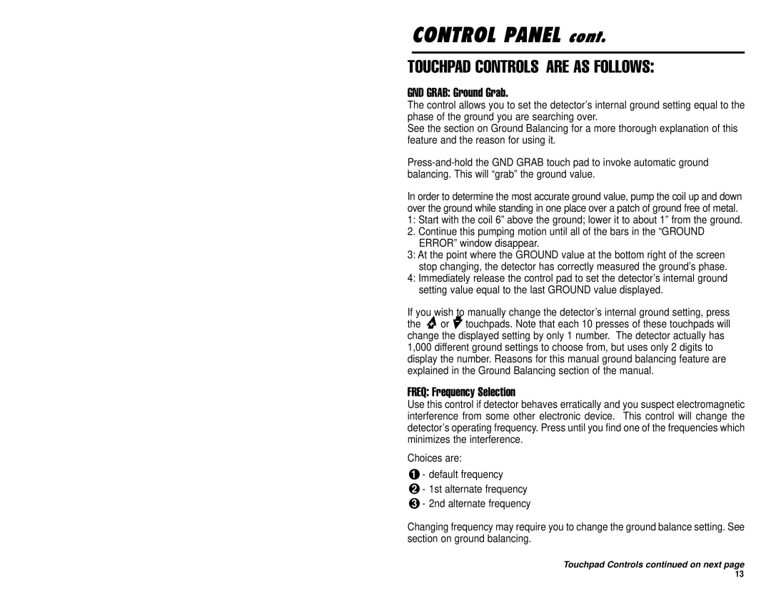 Omega 8000 owner manual Control Panel, GND Grab Ground Grab, Freq Frequency Selection 