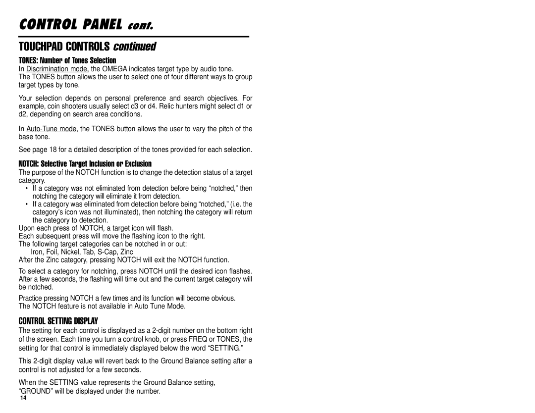 Omega 8000 owner manual Tones Number of Tones Selection, Notch Selective Target Inclusion or Exclusion 