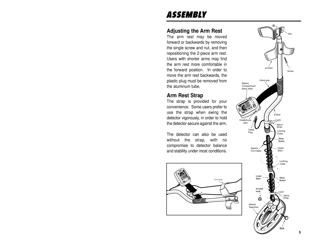 Omega 8000 owner manual Adjusting the Arm Rest, Detector can also be used without the strap, with no 