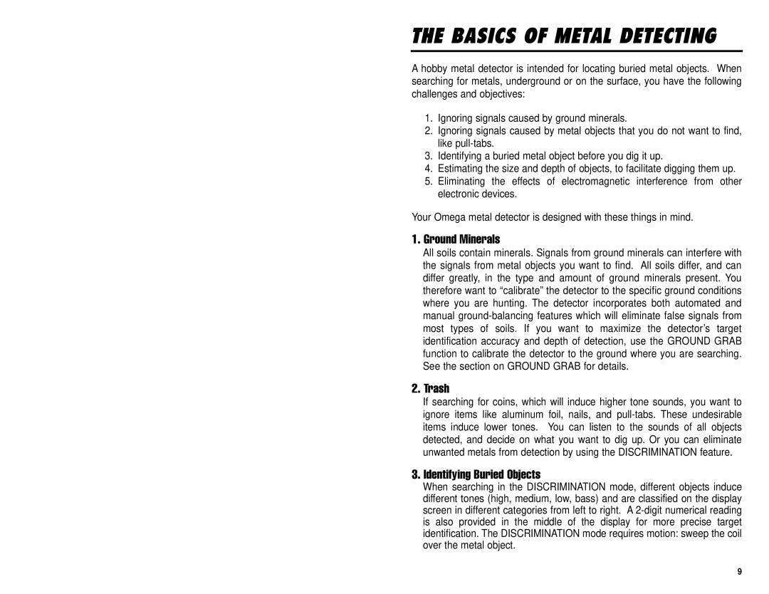 Omega 8000 owner manual Ground Minerals, Trash, Identifying Buried Objects 