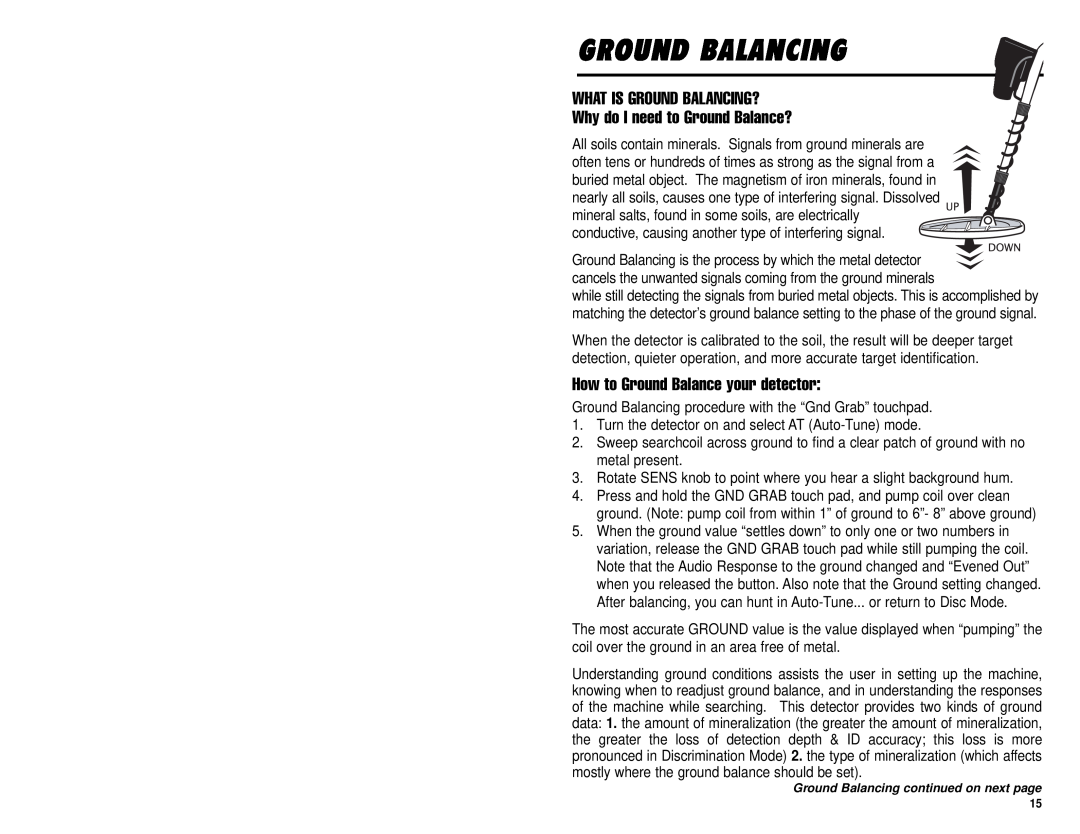Omega 8000 owner manual Ground Balancing, WHAT IS GROUND BALANCING? Why do I need to Ground Balance? 