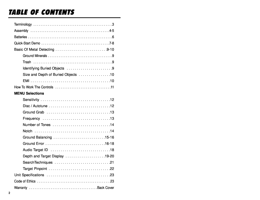 Omega 8000 owner manual Table Of Contents, MENU Selections 