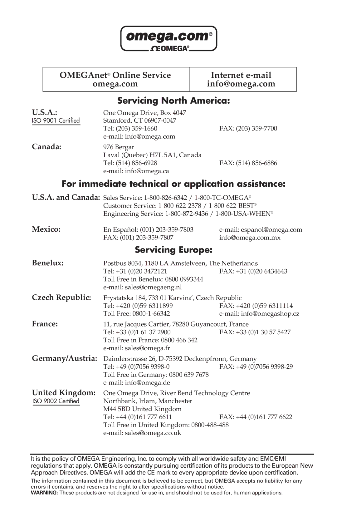 Omega A2400 manual Servicing North America, For immediate technical or application assistance, Servicing Europe 