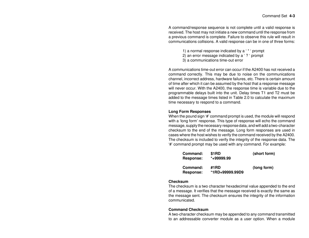 Omega A2400 manual Long Form Responses, Command Checksum 