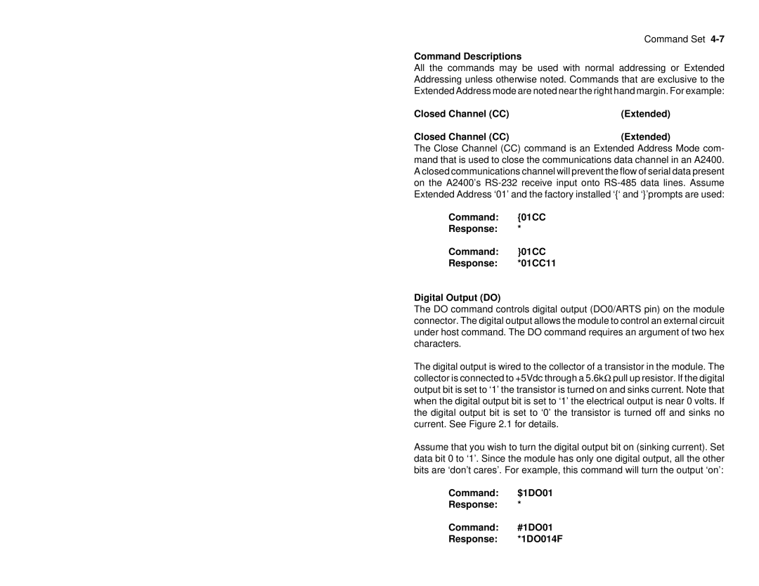 Omega A2400 Command Descriptions, Closed Channel CC Extended, Command 01CC Response Response *01CC11 Digital Output do 