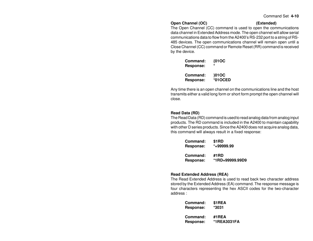 Omega A2400 manual Open Channel OC Extended, Command 01OC Response Response *01OCED, Read Data RD 