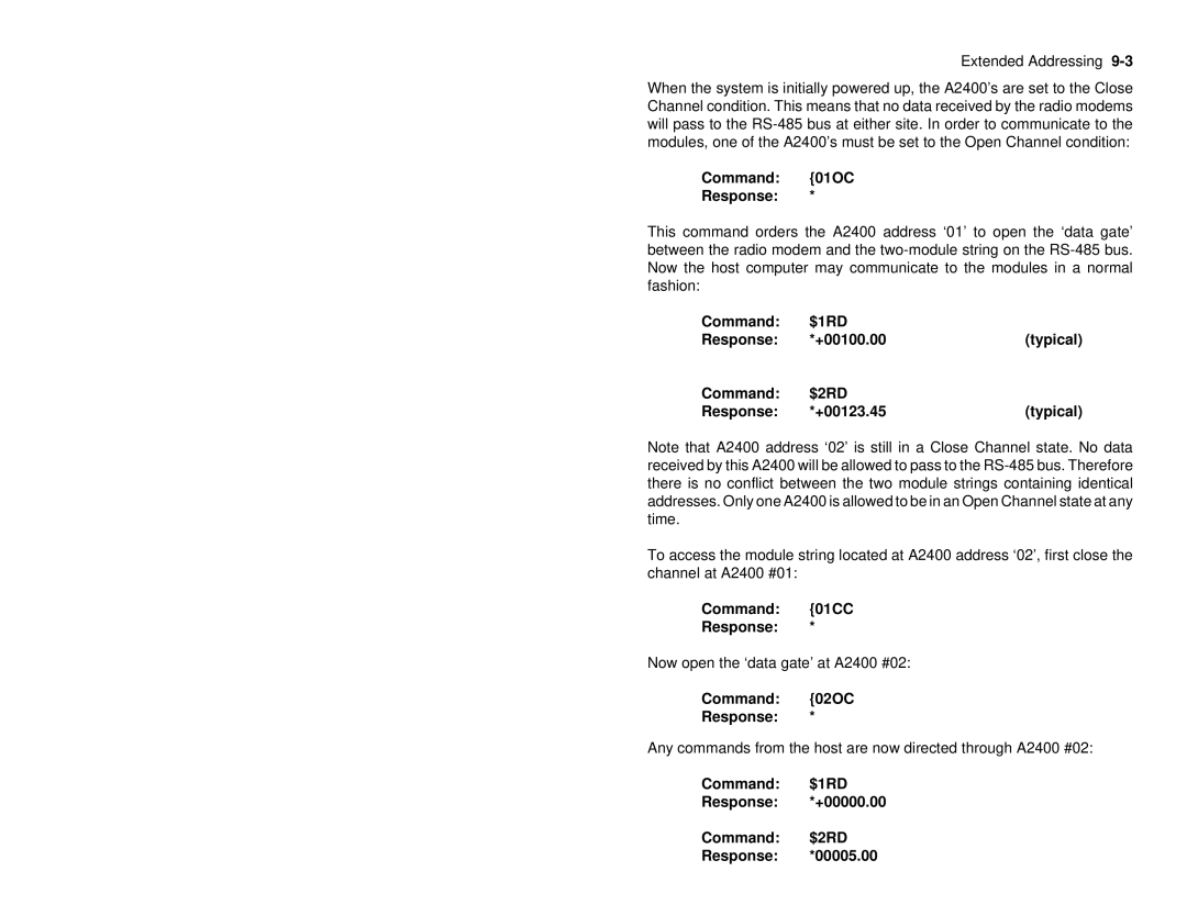 Omega A2400 manual Command 01OC Response, Command $1RD Response +00100.00 Typical $2RD +00123.45, Command 01CC Response 