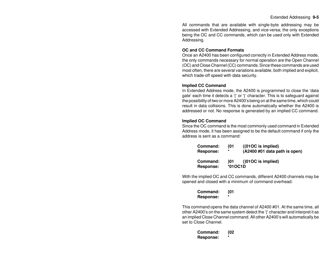 Omega A2400 manual OC and CC Command Formats, Implied CC Command, Implied OC Command, Command Response 