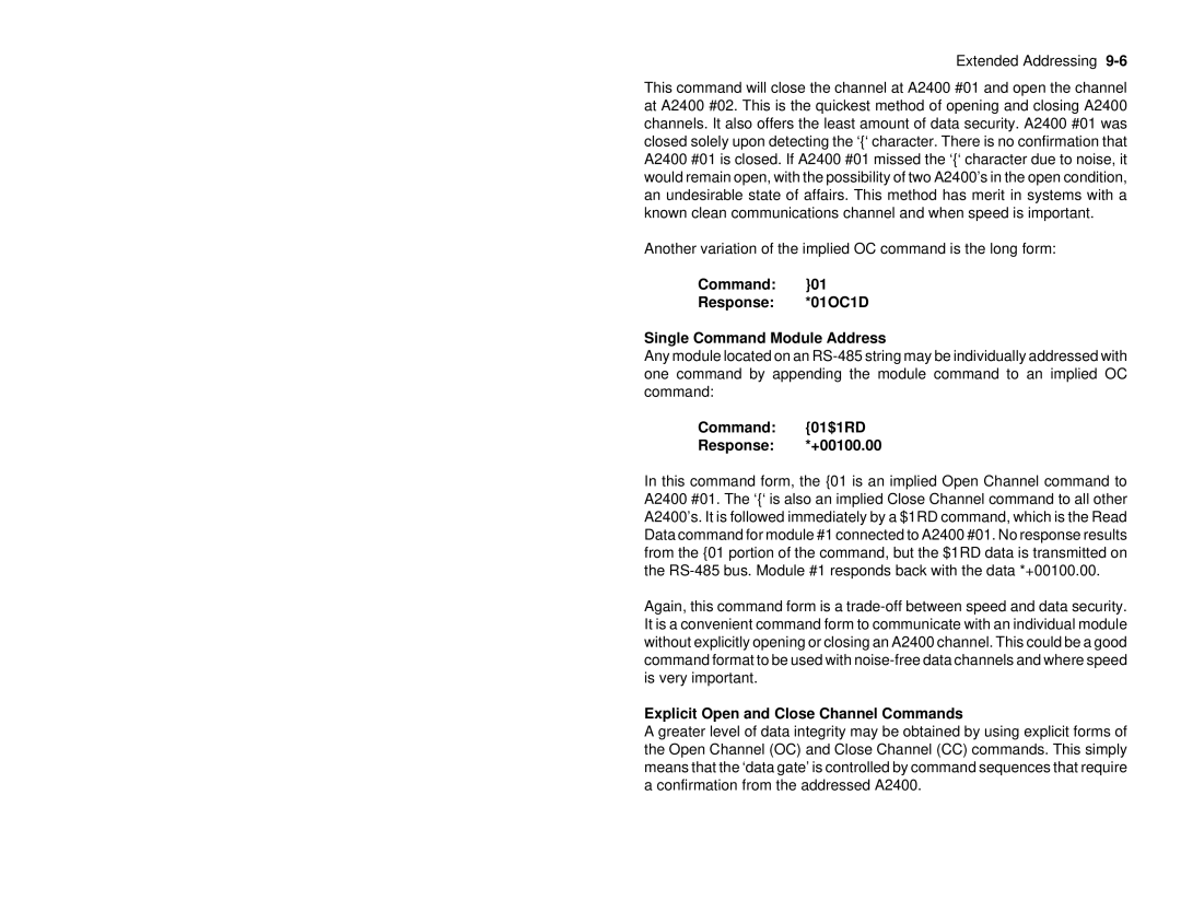 Omega A2400 manual Command Response *01OC1D Single Command Module Address, Command 01$1RD Response *+00100.00 
