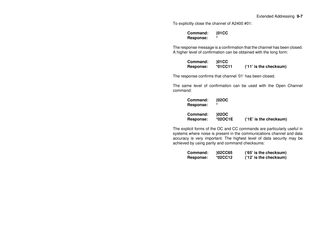 Omega A2400 manual Command 01CC Response 01CC11 ‘11’ is the checksum, Command 02OC Response 02OC1E ‘1E’ is the checksum 