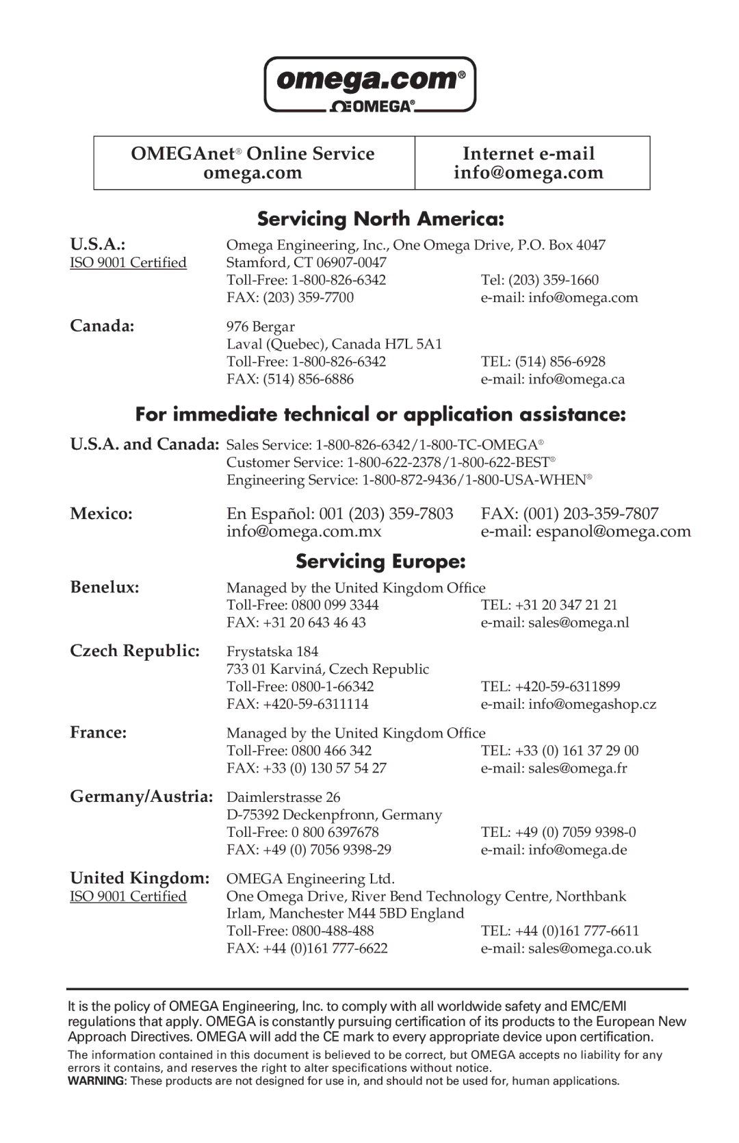 Omega acc 101 manual Servicing North America 