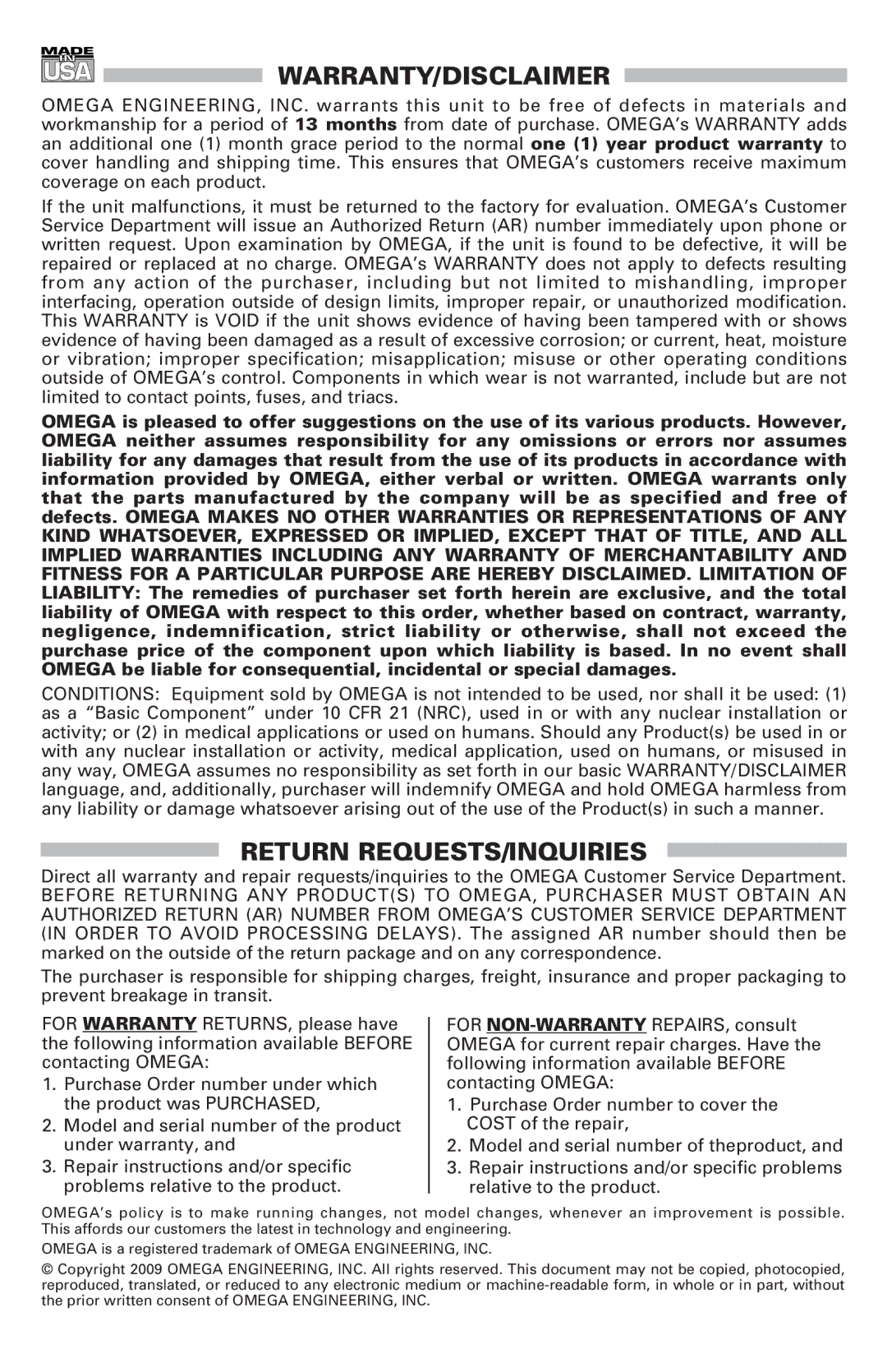 Omega acc 101 manual Warranty/Disclaimer 