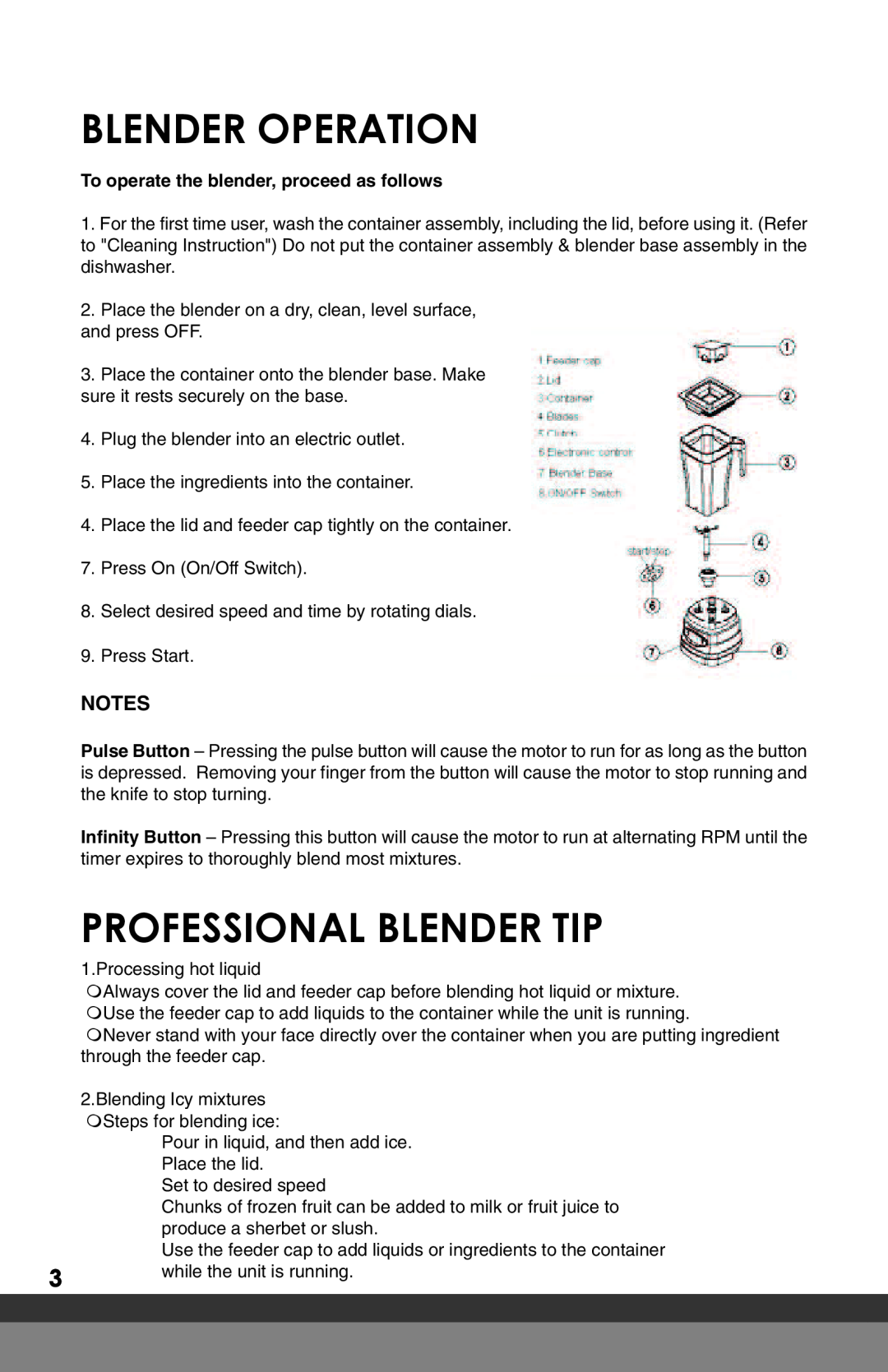 Omega BL600 manual Blender Operation, Professional Blender Tip, To operate the blender, proceed as follows 