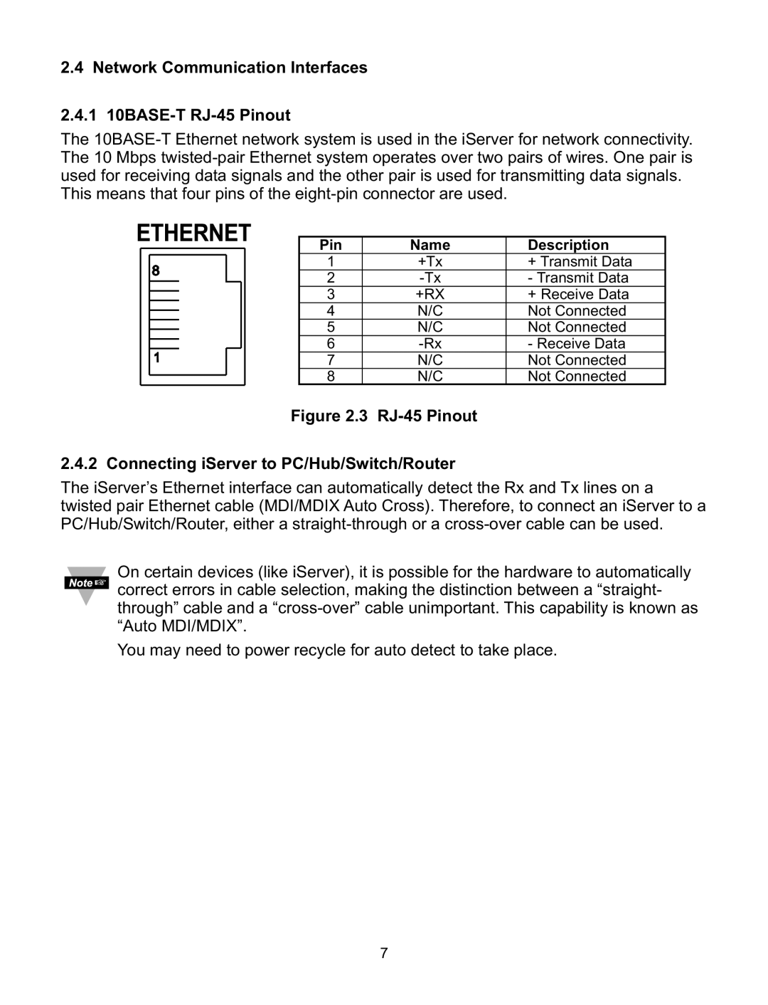 Omega C4EIT/-EIT manual Network Communication Interfaces 1 10BASE-T RJ-45 Pinout 