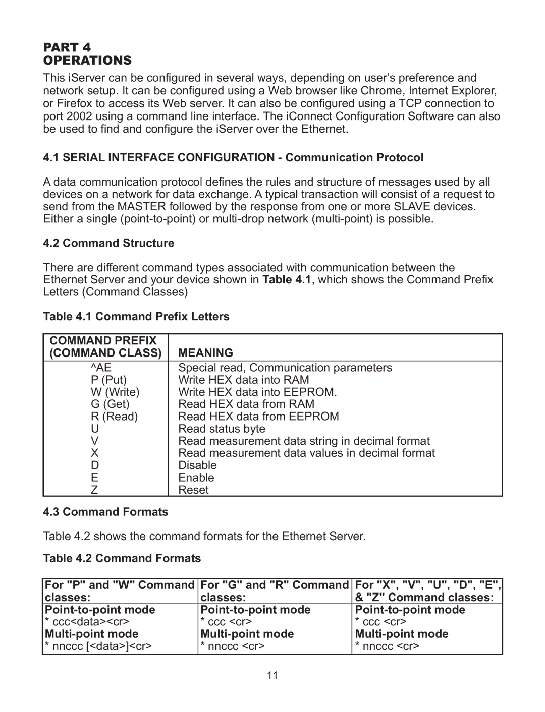 Omega C4EIT/-EIT manual Part Operations, Serial Interface Configuration Communication Protocol, Command Prefix Letters 