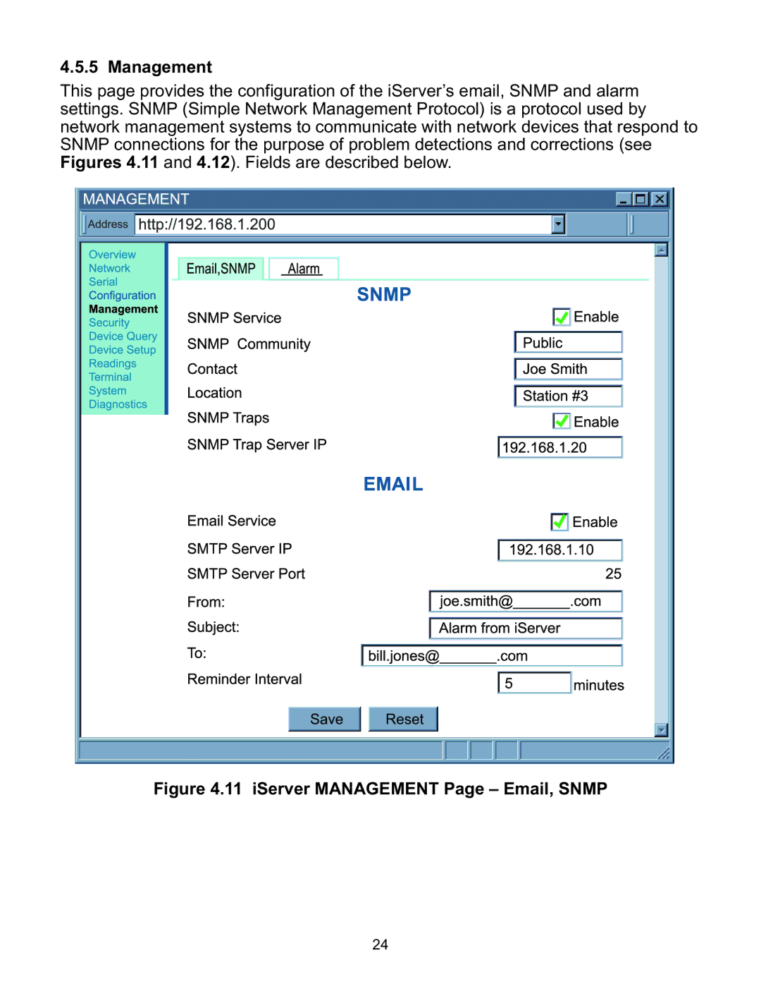 Omega C4EIT/-EIT manual iServer Management Page Email, Snmp 