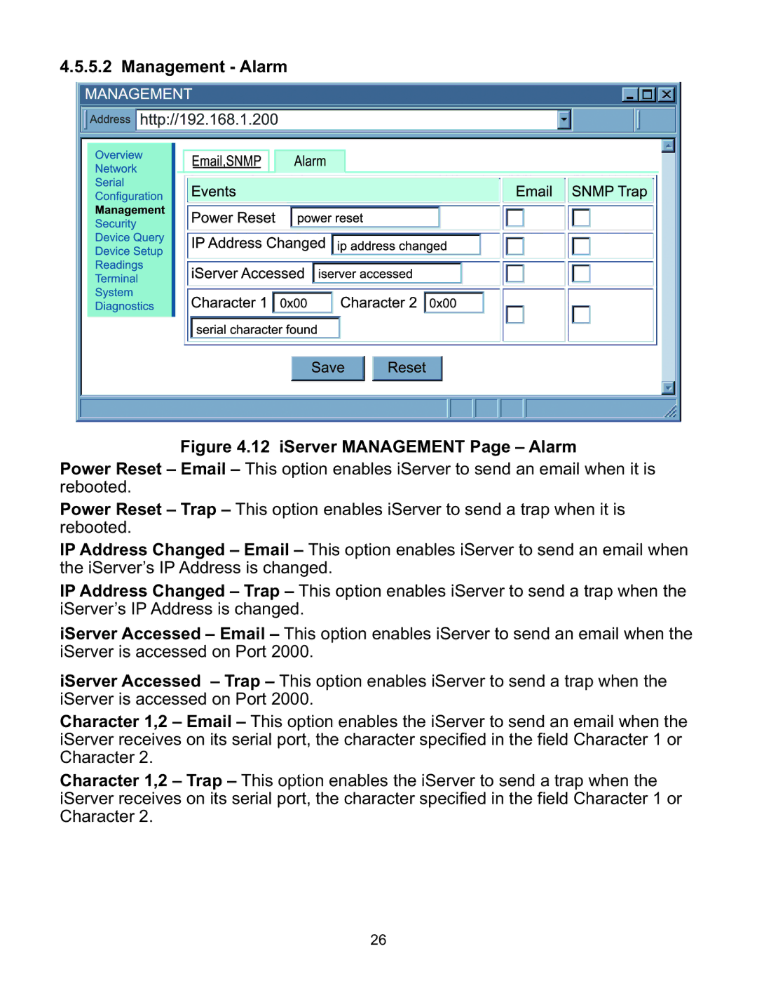 Omega C4EIT/-EIT manual iServer Management Page Alarm 