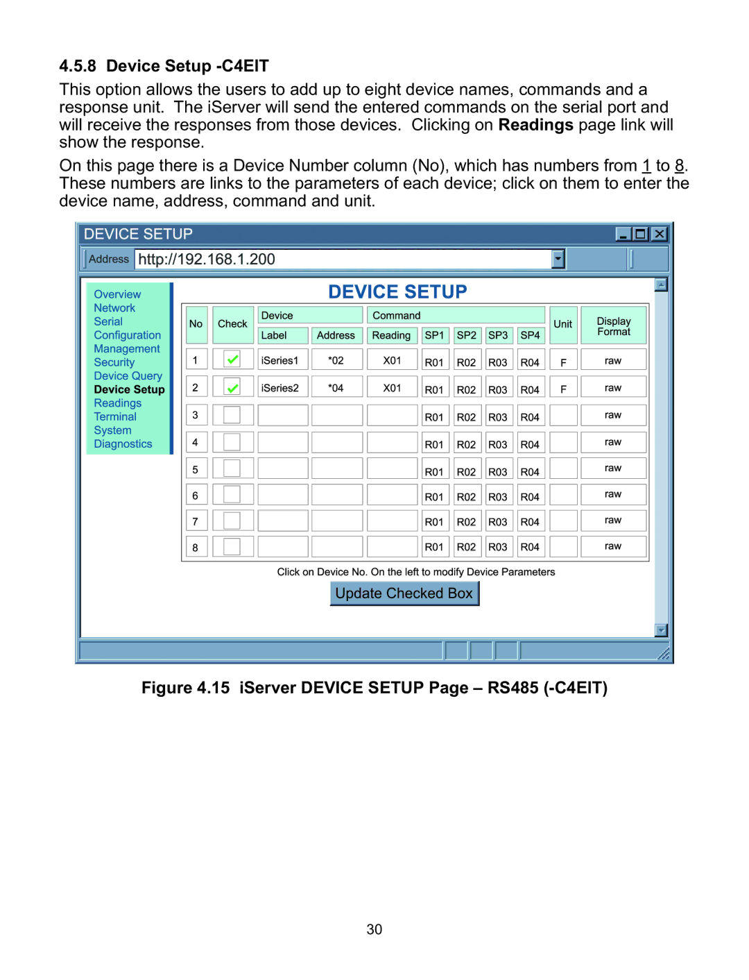 Omega C4EIT/-EIT manual Device Setup -C4EIT, iServer Device Setup Page RS485 -C4EIT 