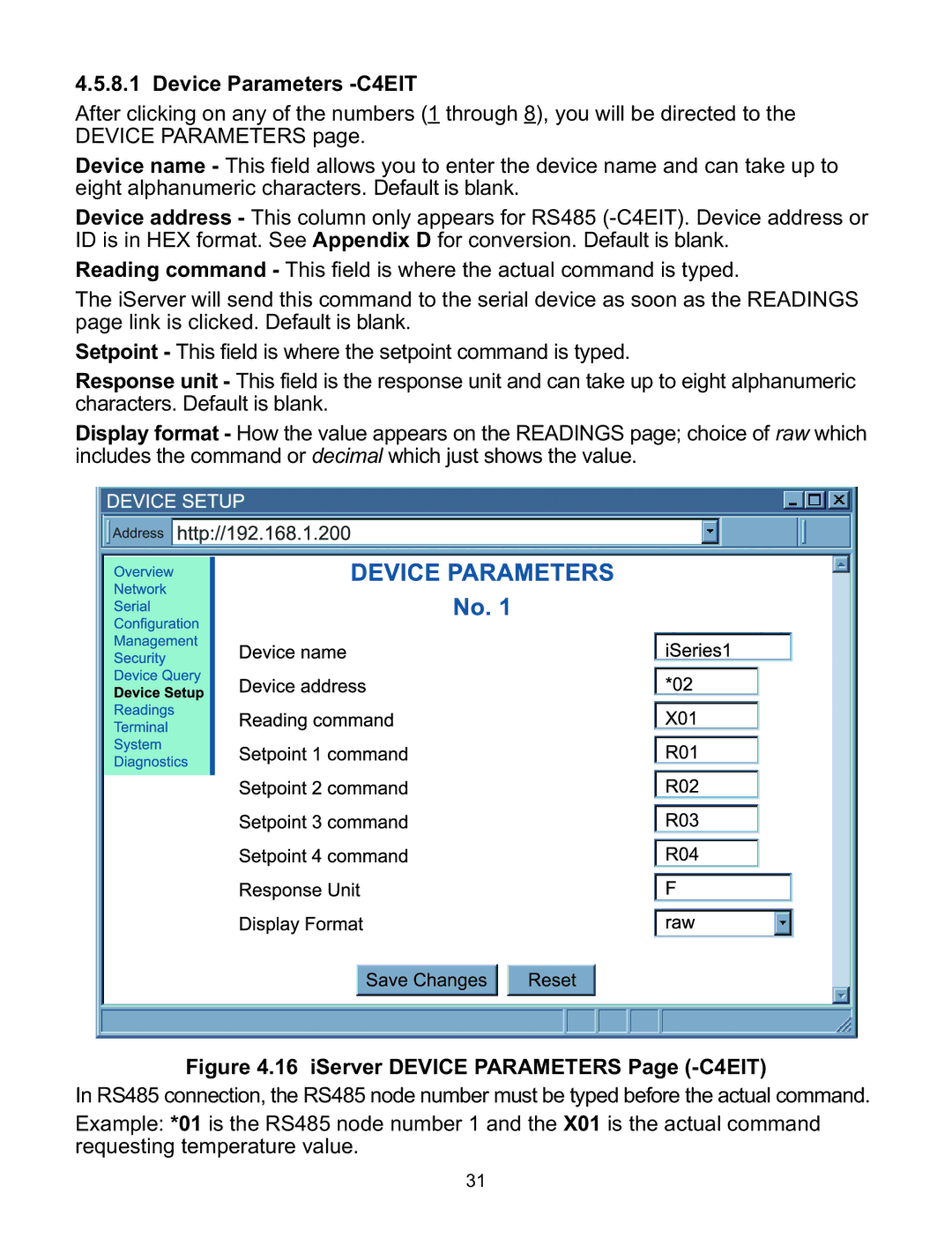 Omega C4EIT/-EIT manual iServer Device Parameters Page -C4EIT 