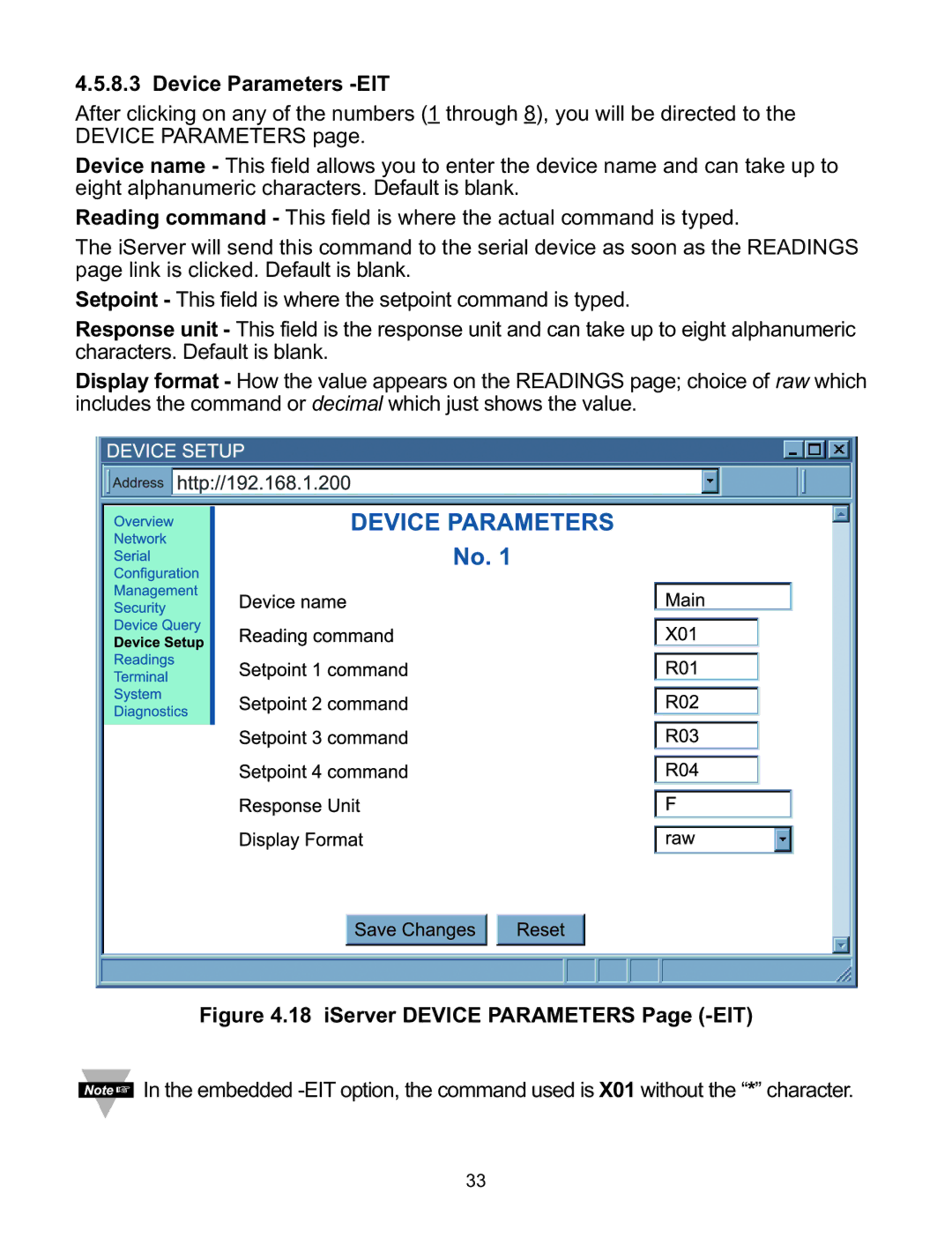 Omega C4EIT/-EIT manual Device Parameters -EIT, iServer Device Parameters Page -EIT 