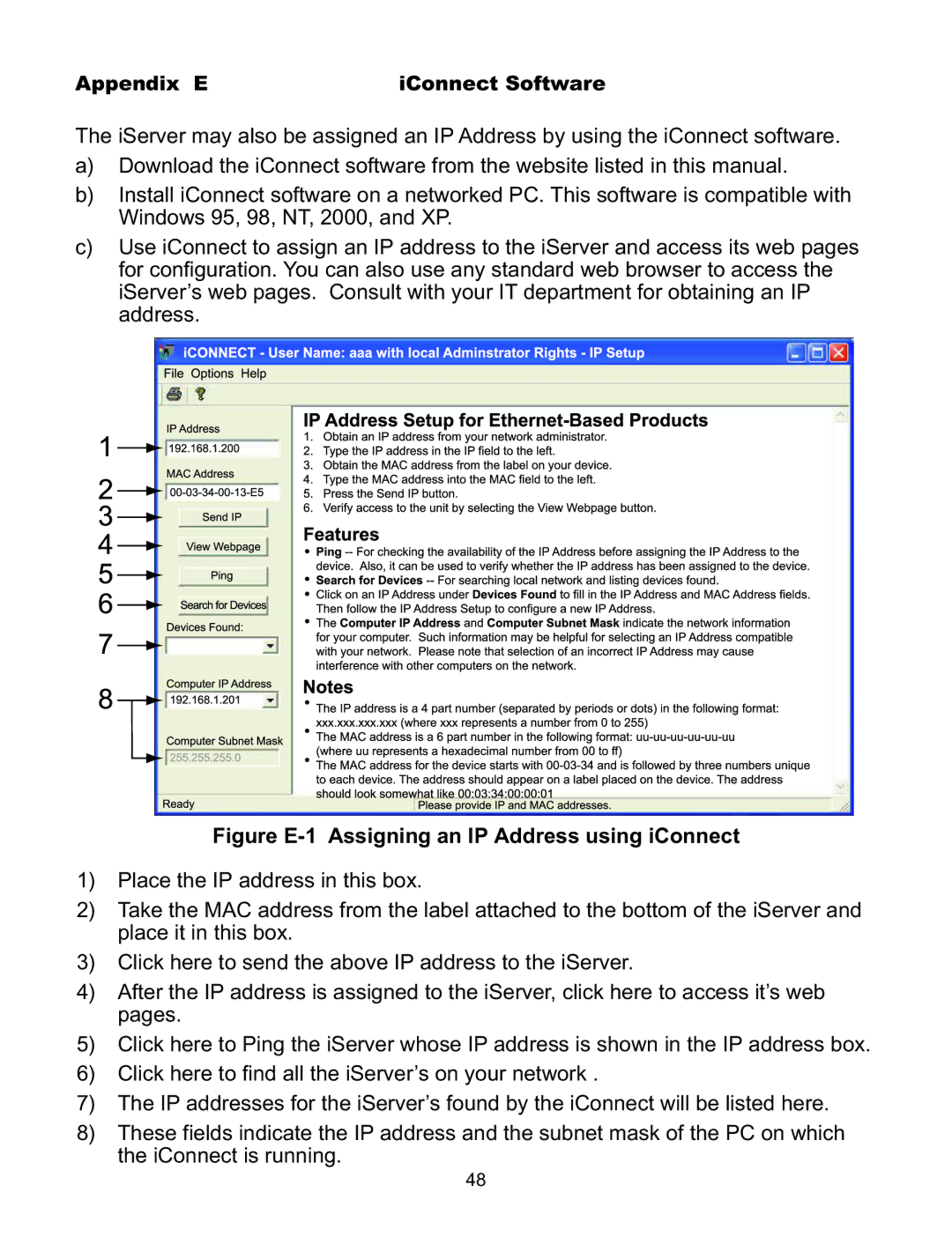 Omega C4EIT/-EIT manual Figure E-1 Assigning an IP Address using iConnect, Appendix E IConnect Software 