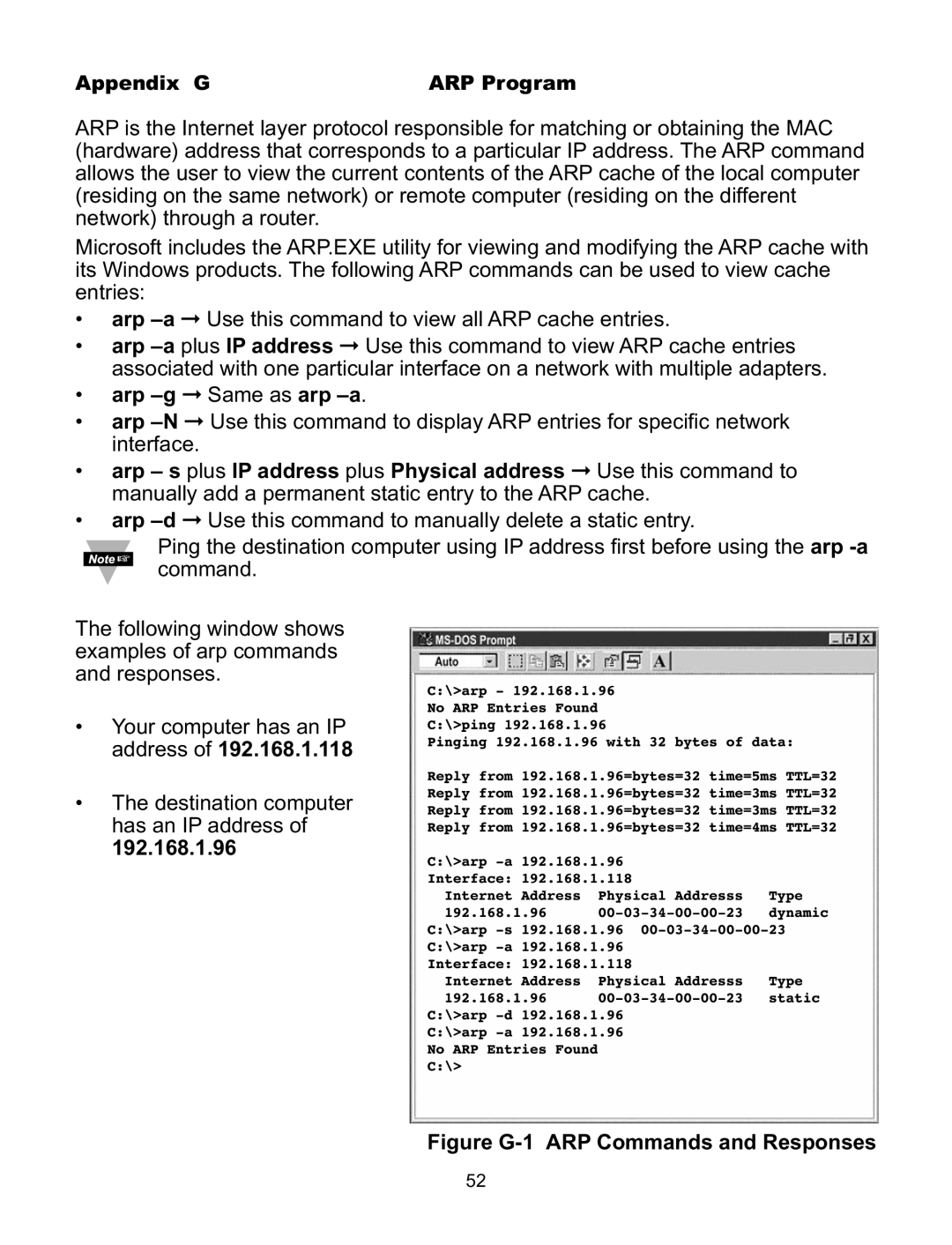 Omega C4EIT/-EIT manual Arp -g ﬁ Same as arp -a, 192.168.1.96, Appendix G ARP Program 