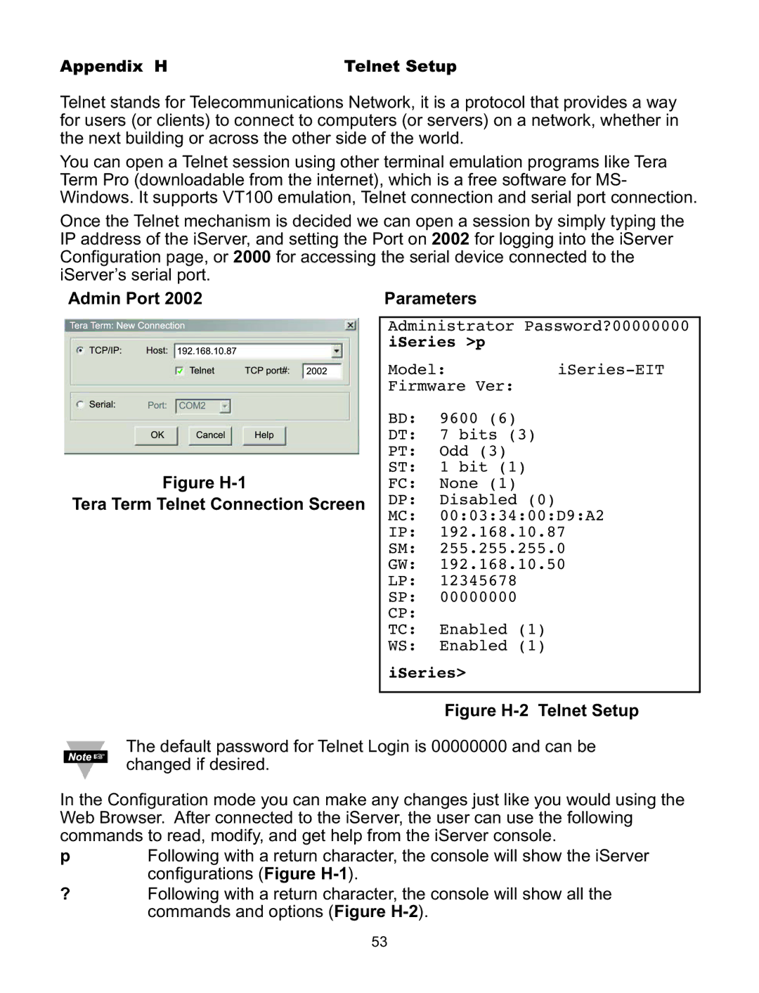 Omega C4EIT/-EIT manual Admin Port, Appendix H Telnet Setup 