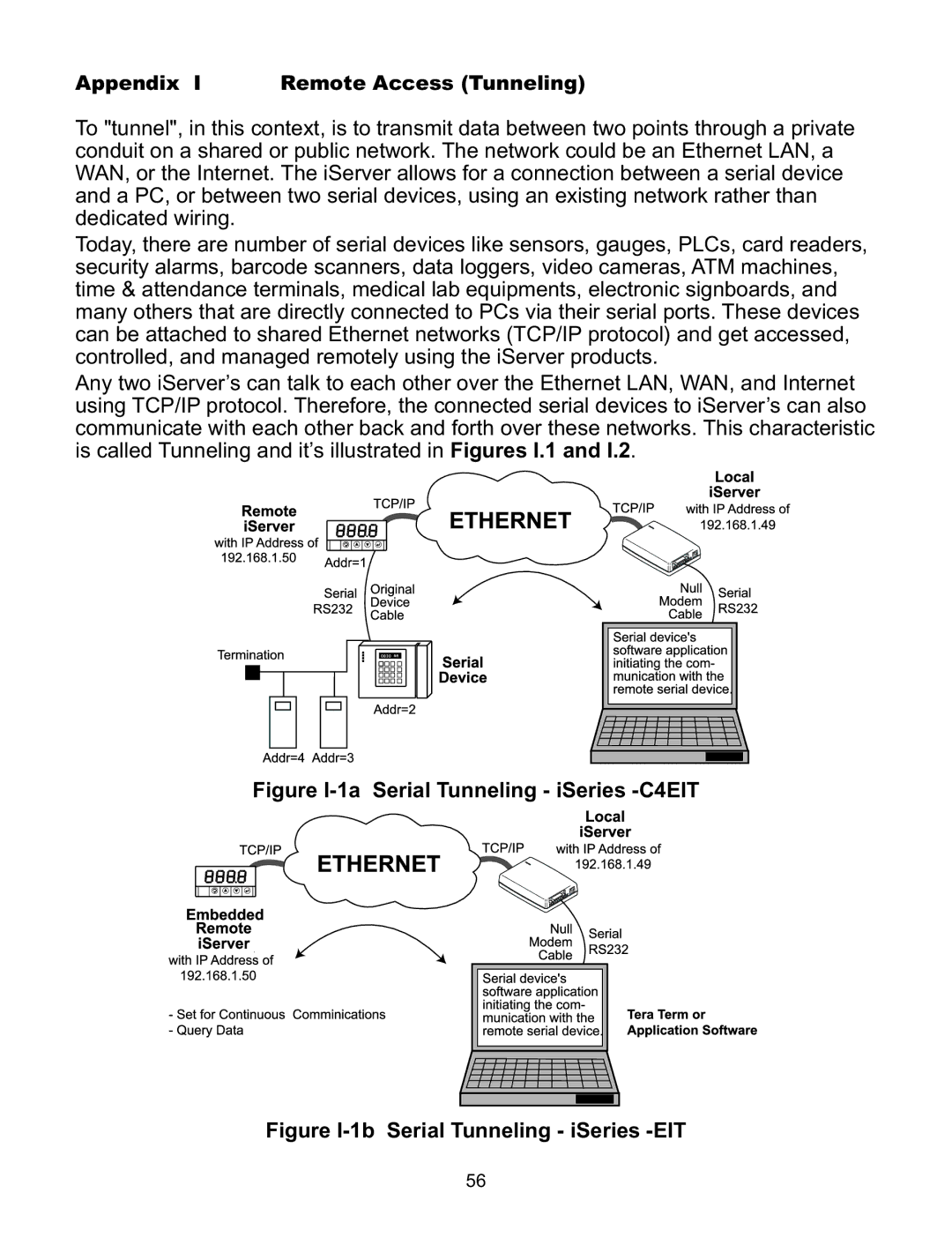 Omega C4EIT/-EIT manual Figure I-1a Serial Tunneling iSeries -C4EIT, Figure I-1b Serial Tunneling iSeries -EIT 