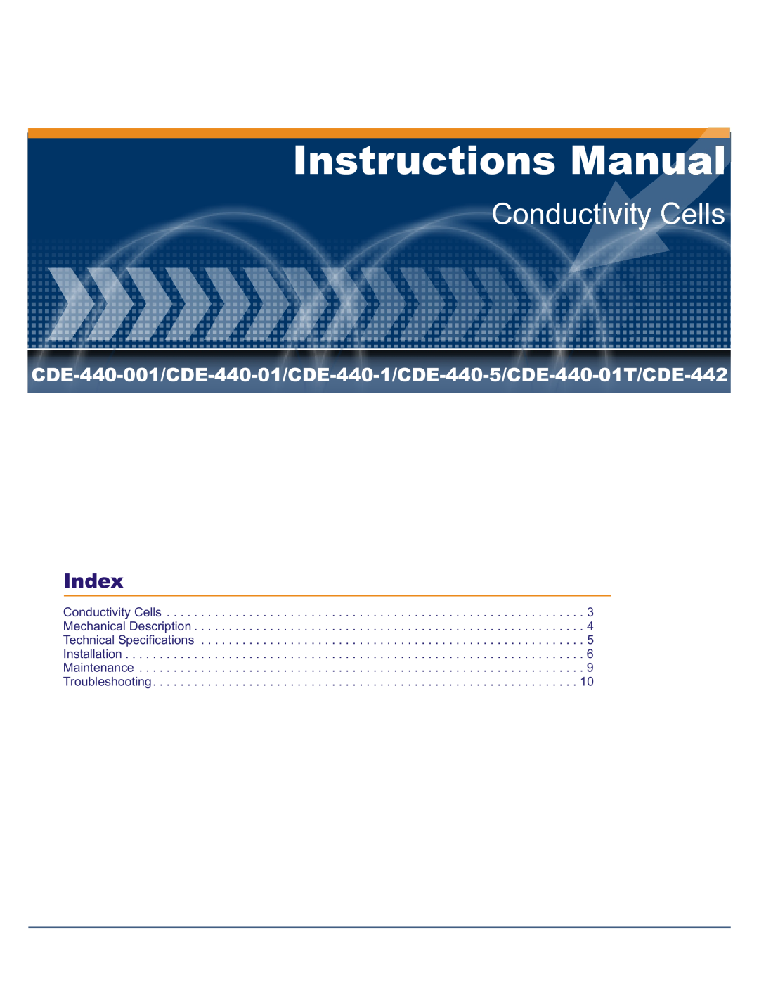 Omega CDE-440 manual Conductivity Cells, Instructions Manual, Index, Installation Maintenance Troubleshooting 