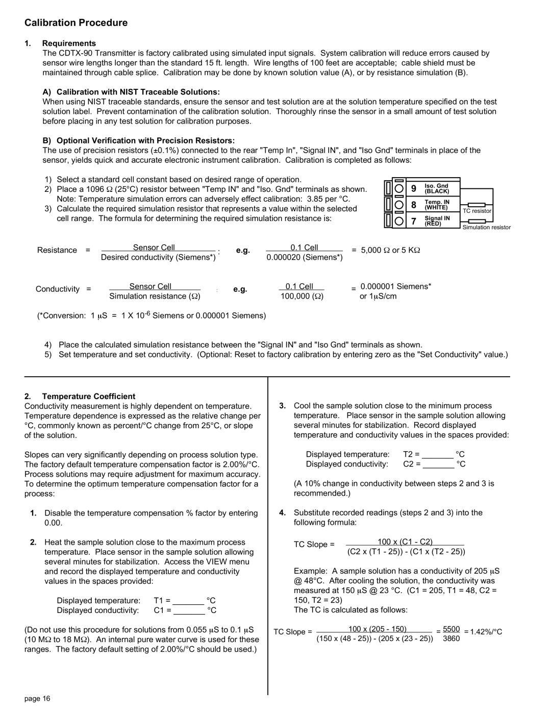 Omega CDTX-90 Calibration Procedure, Requirements, Calibration with Nist Traceable Solutions, Temperature Coefficient 