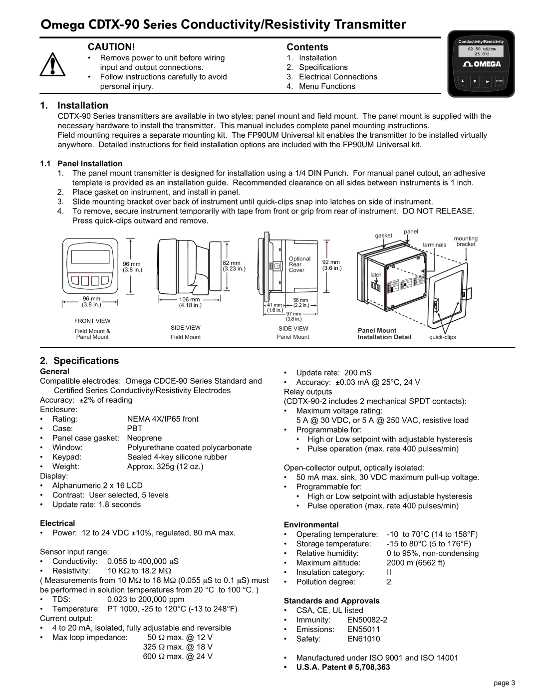 Omega CDTX-90 manual Installation, Specifications 