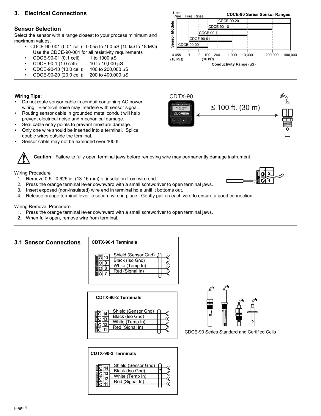 Omega CDTX-90 manual Electrical Connections Sensor Selection, Sensor Connections 