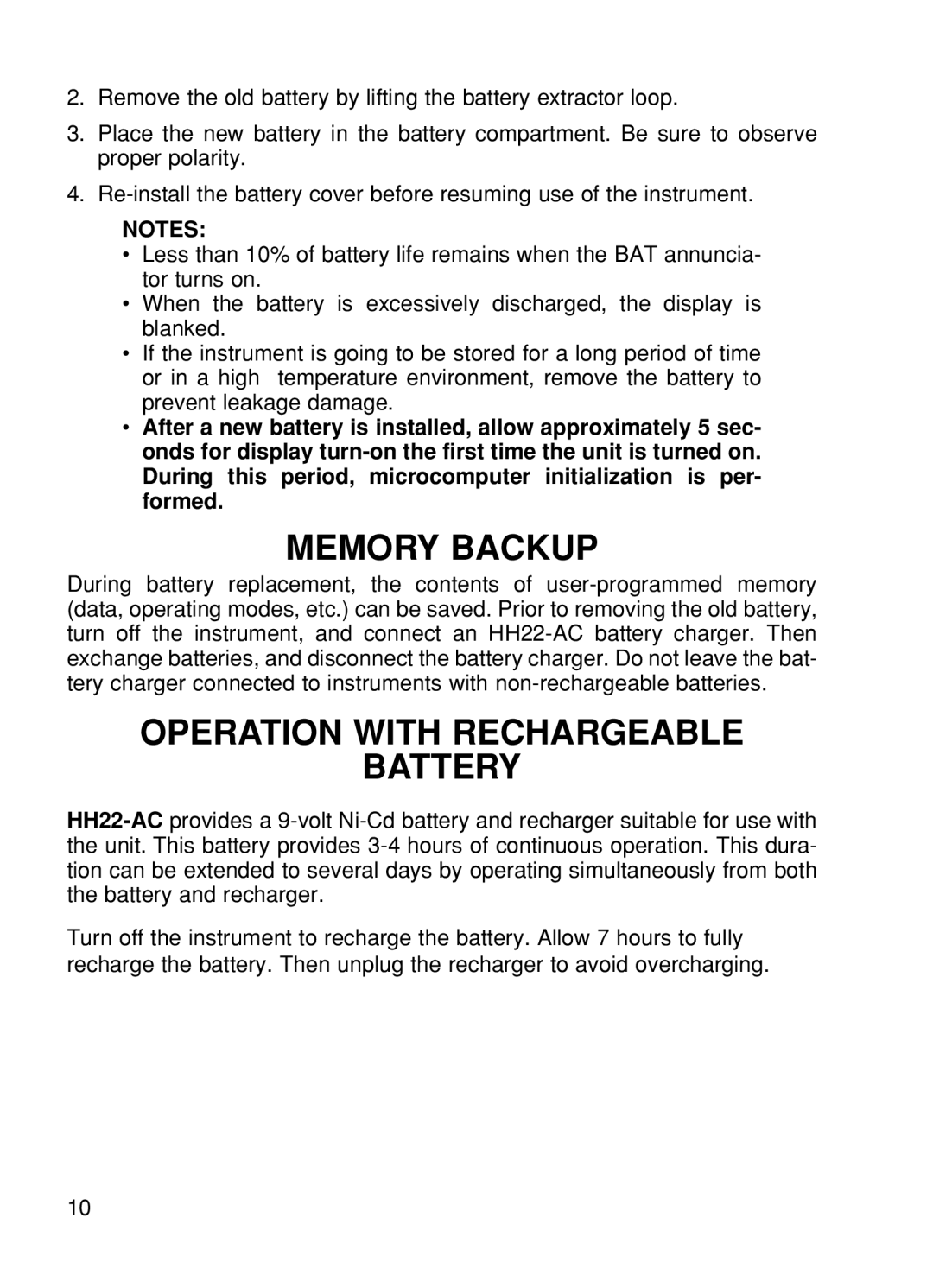 Omega CL27, CL24, CL25, CL23A, CL26 manual Memory Backup, Operation with Rechargeable Battery 